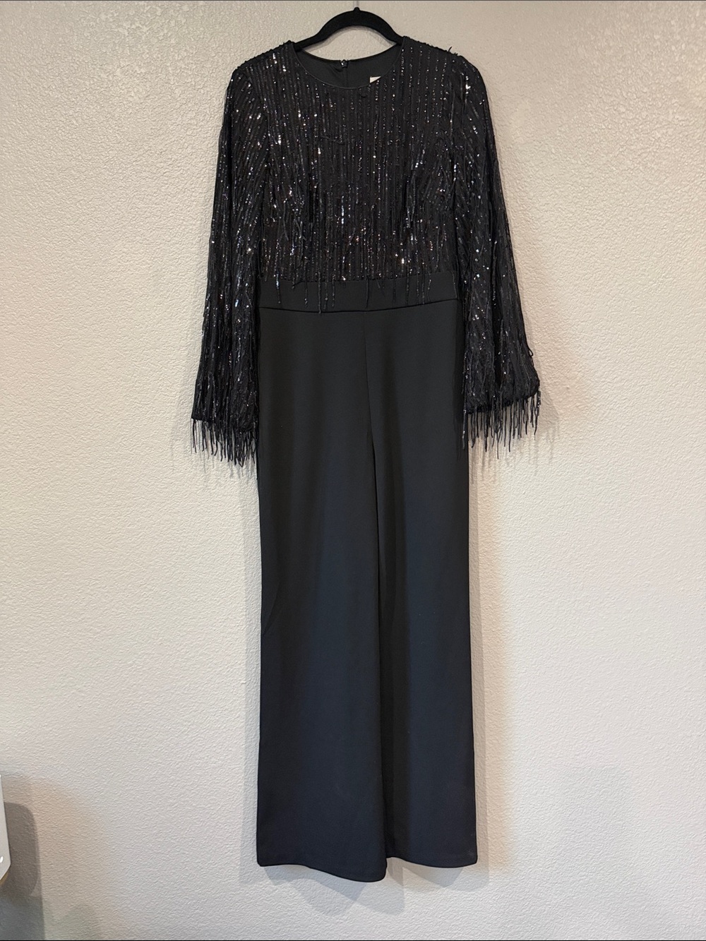 Eliza J Black Sequin Fringe Long-Sleeve Jumpsuit